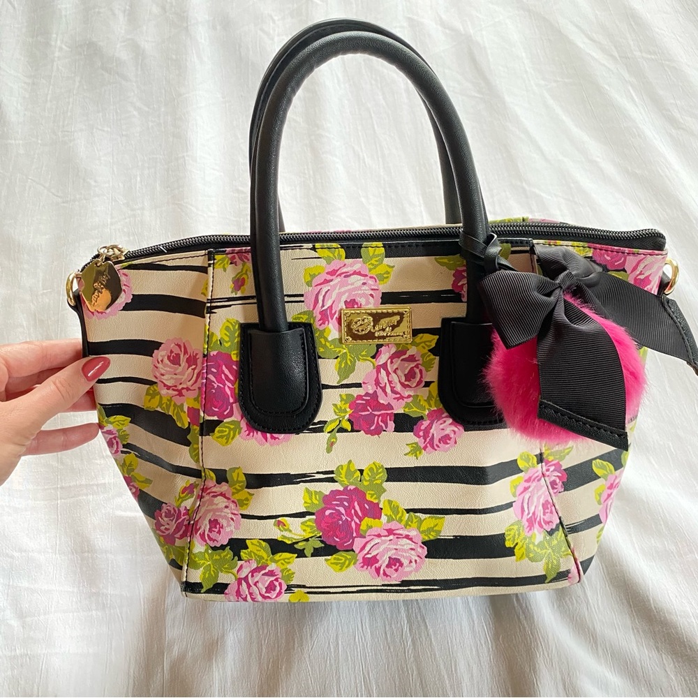 Luv Betsey Betsy Johnson Naomi Pink Floral Flowers Black White Stripe Handbag